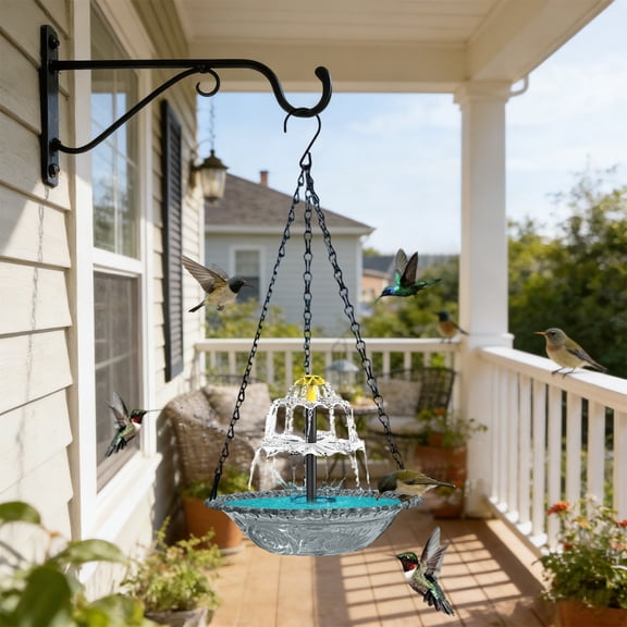 Solar Cascade Hanging Bird Bath Fountain,Outdoor Hanging Bird Bath with with Solars Pump & Glass Bowl,Large Humming Birds Bath for Outdoor Garden Yard Patio Decoration,Gray