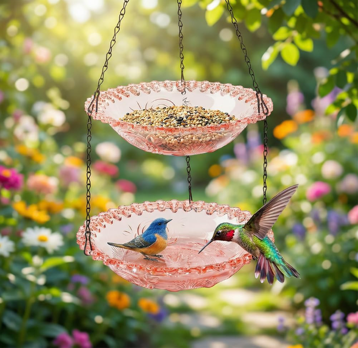Solar Cascade Hanging Bird Bath Fountain, Solar Powered Cascading Outdoor Water Fountainwith Solars Pump & Glass Bowl, Decorative Garden Yard Patio Bird Bath Fountain (Pink Double-Tier)