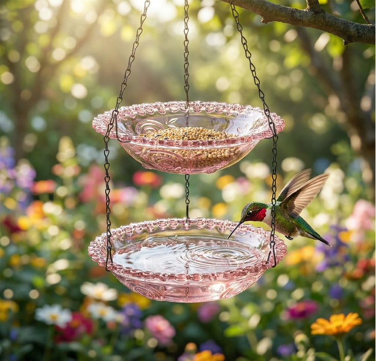 Solar Cascade Hanging Bird Bath Fountain, Solar Powered Cascading Outdoor Water Fountainwith Solars Pump & Glass Bowl, Decorative Garden Yard Patio Bird Bath Fountain (Purple Double-Tier)