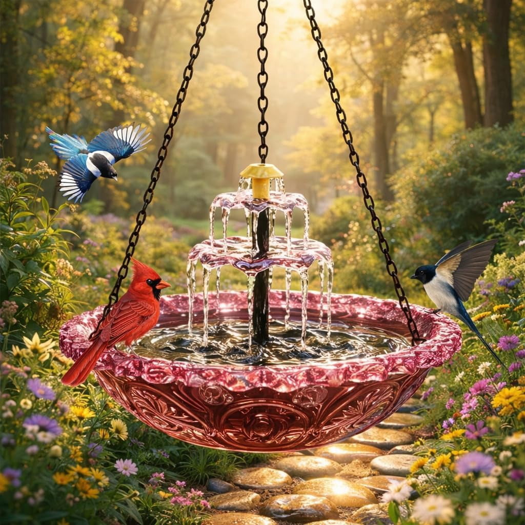 Solar Cascade Hanging Bird Bath Fountain, Solar Powered Hanging Bird Bath with Glass Bowl, Outdoor Hanging Birdbath Water Fountain for Hummingbirds, Garden Patio Yard Decor, Blue (Pink)