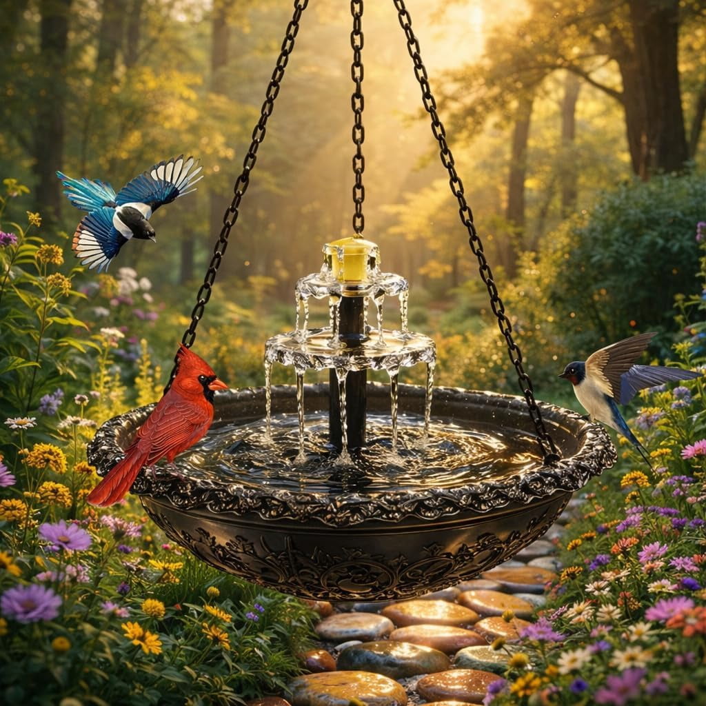 Solar Cascade Hanging Bird Bath Fountain, Solar Powered Hanging Bird Bath with Glass Bowl, Outdoor Hanging Birdbath Water Fountain for Hummingbirds, Garden Patio Yard Decor, Blue (Gray)