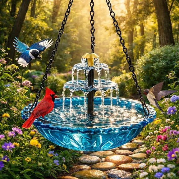 Solar Cascade Hanging Bird Bath Fountain, Solar Powered Hanging Bird Bath with Glass Bowl, Outdoor Hanging Birdbath Water Fountain for Hummingbirds, Garden Patio Yard Decor, Blue (Blue)