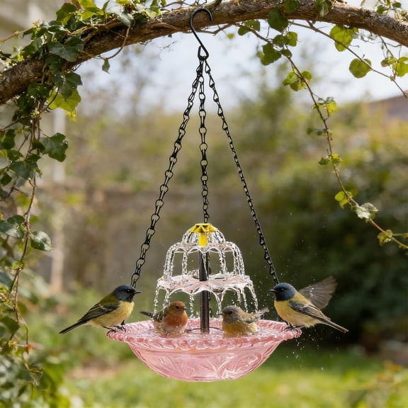 Solar Cascade Hanging Bird Bath Fountain with Solar Pump and Glass Bowl - Glass Bird Baths for Outdoors, Large for Humming Birds, Attracts Birds to Outdoor Gardens
