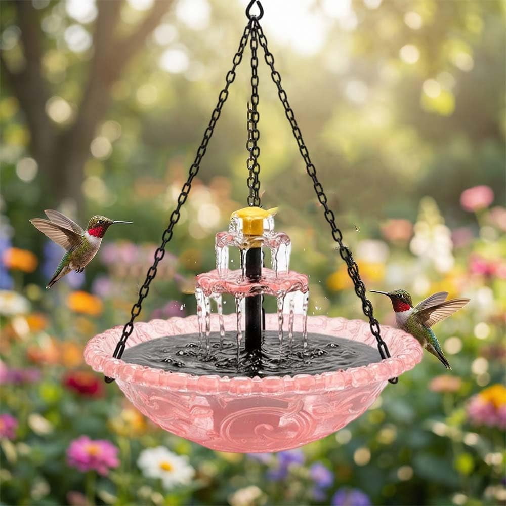 Solar Cascade Hanging Bird Bath Fountain, Upgraded Hanging Bird Bath with Flowing Water, Solar Powered Bird Bath Fountain Decorative Garden Yard Patio for Outdoor (Pink)
