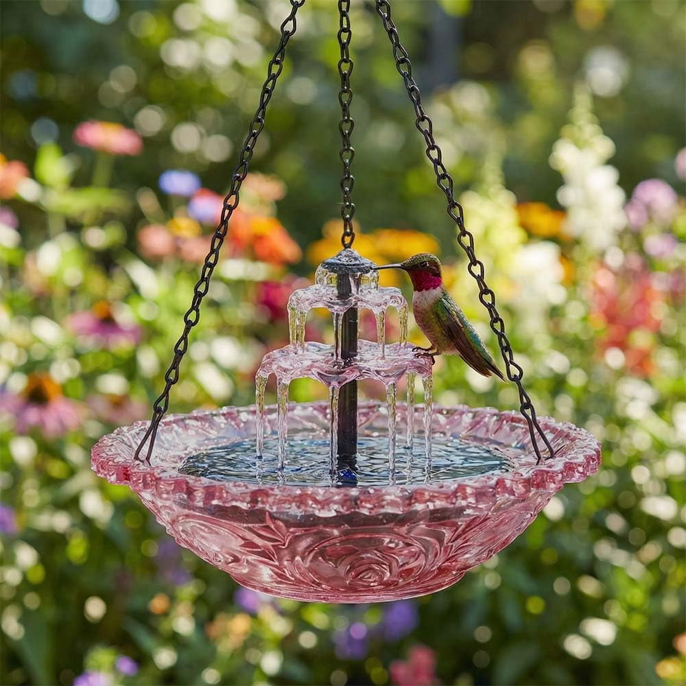 Solar Cascade Hanging Bird Bath Fountain, Weatherproof & Easy to Maintain, Hanging Bird Bath with Solar Pump for Outdoor Garden Decor, Large Humming Birds Bath Fountain (Orange)