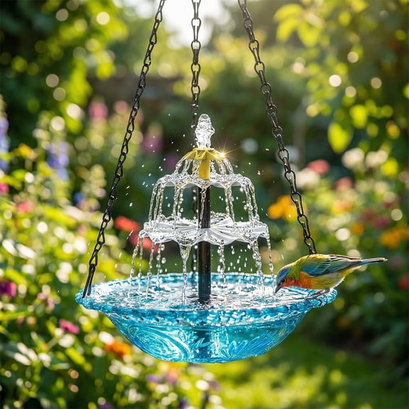 Solar Cascade Hanging Bird Bath Fountain, Weatherproof & Easy to Maintain, Hanging Bird Bath with Solar Pump for Outdoor Garden Decor, Large Humming Birds Bath Fountain (Blue)