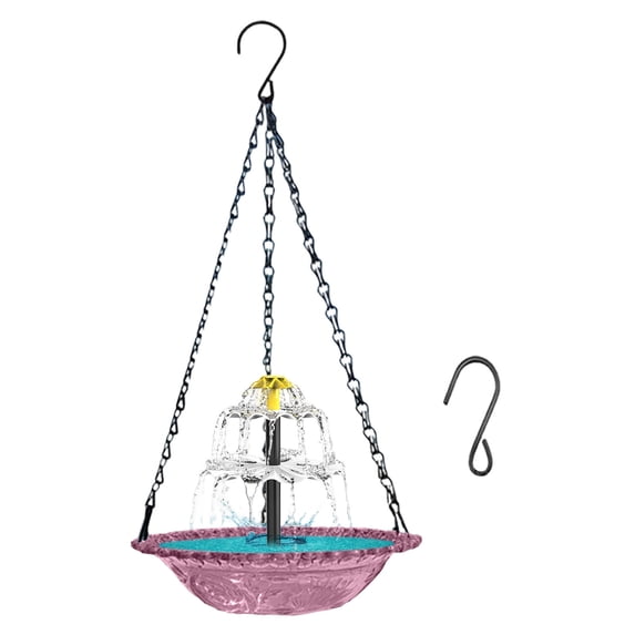 2-Tier Cascading Solar Hanging Bird Bath Fountain, 18" Blue Glass Tray with Chains, 2-in-1 Feeder