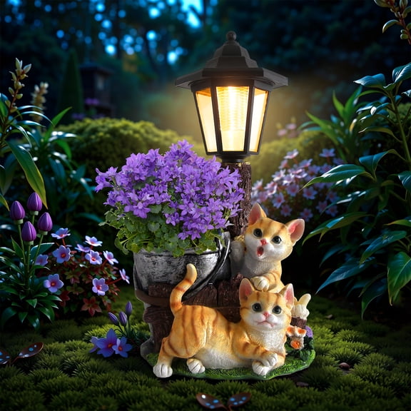 Solar Cat Garden Statues Outdoor, Cute Cat Figurines Flowerpot Decor with Solar Powered Light for Yard Art Lawn Ornaments Porch Patio(No Artificial Flowers) Valentine's Day Gift Decorations