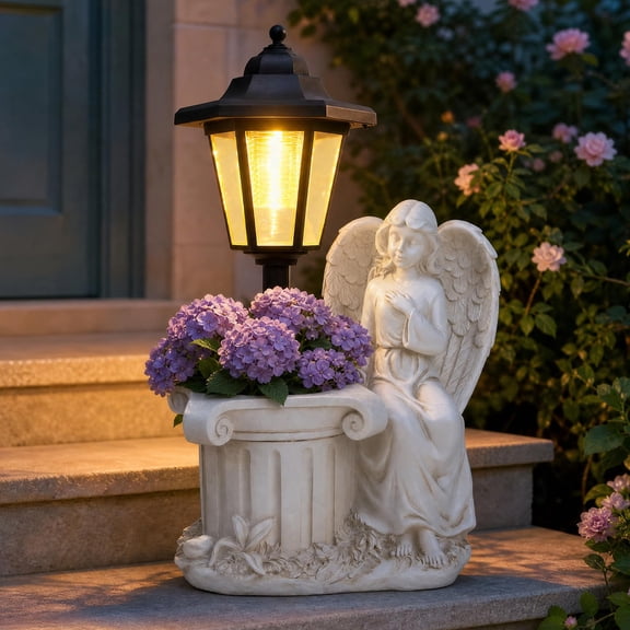 Solar Cat Outdoor Statues, Garden Sculptures with Flowerpot Decor & Solar Lantern for Yard Art Lawn Ornaments Porch Patio Balcony - Idea Gifts for Women Mom Grandma