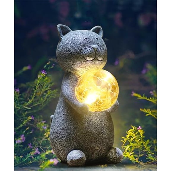 Solar Cat Statue Garden Decor - Cat Lover Gifts, with Gazing Solar LED Lights Ball Cats Decoration for Garden Yard Patio Lawn Balcony - Gifts for Mom Grandma (Gray)