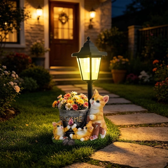 Solar Cat Statue Garden Light, Glowing Welcome Decor, Resin Animal Ornament for Patio, Porch & Yard
