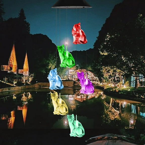 Solar Cat Wind Chime, Yannianjz Solar Cat Wind Chime Light, Colorful LED Rotating Night Light for Garden Yard, Automatic On/Off, Waterproof, Decorative Hanging Ornament, Easy Installation