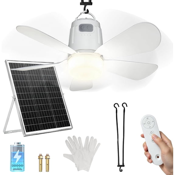Solar Ceiling Fan 20'', 20000mAh Portable Ceiling Fan with 30W Solar , Remote & Hook, 3000k-6000k Dimmable Solar Fans for Outside, Tent, Gazebo, Canopy, RV, Chicken Coop