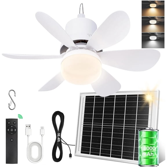 Solar Ceiling Fan with Light, 18000mAh Rechargeable Portable Camping Fan with Remote, 450CFM Airflow, 17.5'' Ceiling Fan for Outside Gazebo, Canopy, Tent, RV