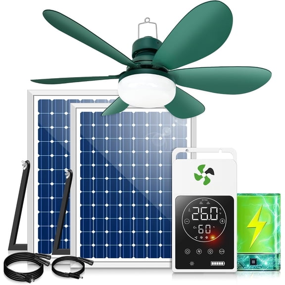 Solar Ceiling Fan Light with and Adjustable Thermostat, 20" Outdoor Ceiling Fans for Gazebo with 2 count 15W Bifacial Solar Panels, Solar Canopy Fan for Patio, Sunroom, RV(Green)