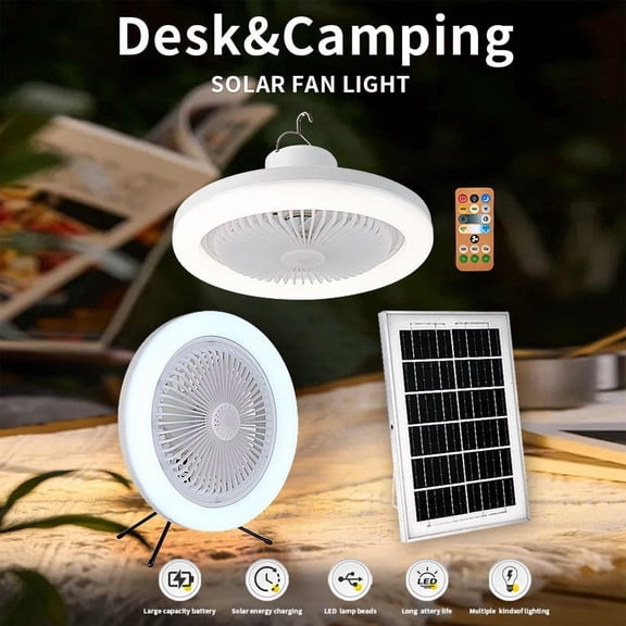 Solar Ceiling Fan Light for Off-Grid Living, E27 Rechargeable Pendant Lamp with Remote, 3-Speed Quiet Fan for Camping Tent RV Bedroom Cabin