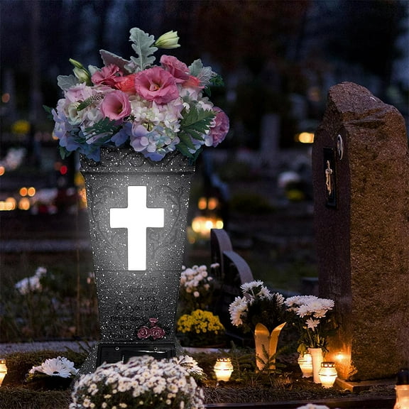 Solar Cemetery Grave Vase With LED Cross Lamp For Fresh/Artificial Flowers, Cemetery Vases For Grave, Cemetery Decorations For Grave, Headstones Vases For Memorial Gifts For Loss Of Loved One