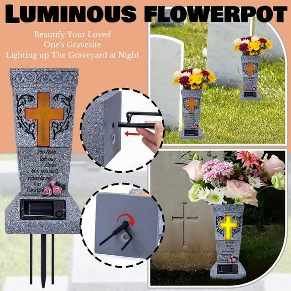 Solar Cemetery Grave Vase With LED For Fresh/Artificial Flowers Headstones Vases With Spikes Gravestone Decor Memorial Gifts For Loss Of Loved One