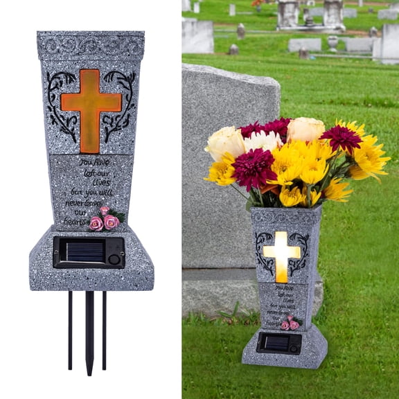 Solar Cemetery Grave Vase with LED for Fresh/Artificial Flowers Headstones Vases with Spikes Gravestone Decor Memorial Gifts for Loss of Loved One