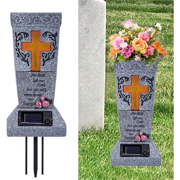 Solar Cemetery Vase with LED for Fresh/Artificial Flowers, Cemetery Flowers Vase with Spikes, Headstone Decorations Floral Holder, Cemetary Grave Decorations Garden Decor Memorial Gifts