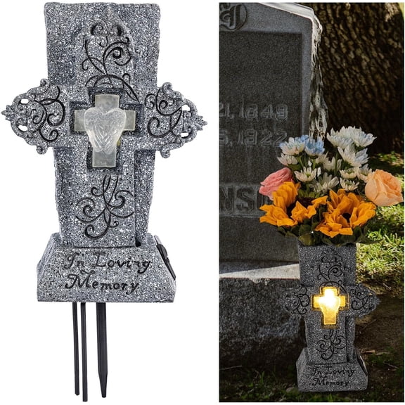 Solar Cemetery Vase with LED for /Artificial Grave Flower Vase Headstones Vases with Spikes Gravestone Decor Memorial Gifts for Loss of Loved