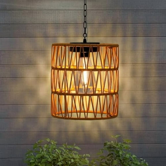 Solar Chandelier Lantern,Outdoor Rattan Pendant Lights,Waterproof Boho Hanging Lamps with Edison Bulb for Gazebo Tree Porch Yard Porch Patio Garden Backyard Decor