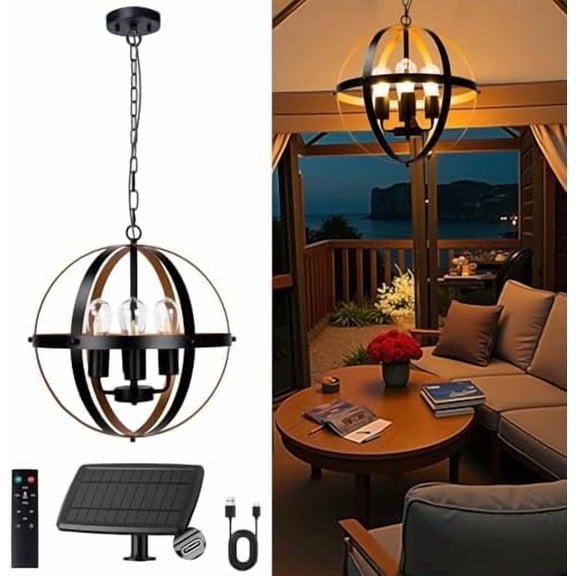 Solar Chandelier Outdoor, 4-Light 16" Farmhouse Globe Chandelier Waterproof Dimmable Hanging Pendant Lights for Gazebo, Pergola, Canopy, Porch, Patio Decor$$Tools & Hardware Other