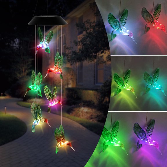 Solar Changing Color Hummingbird Wind Chime, EROCK Solar Powered LED Waterproof Hanging Lamp Bird Windchime Light for Outdoor Indoor Gardening Yard Pathway Decoration