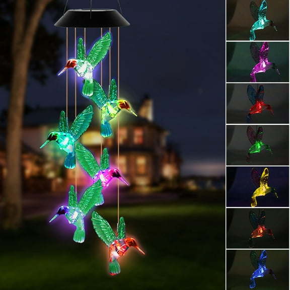 Solar Changing Color Hummingbird Wind Chime, Solar Powered LED Hanging Lamp Windchime Light for Outdoor Indoor Gardening Yard Pathway