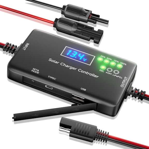 Solar Charge Controller 12V 20A, Panel with Type-C and USB Output for Gel, AGM, LiFePO Battery
