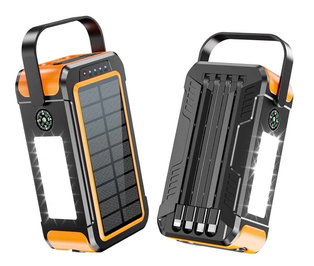 Solar Charger 80000mAh Built-in Cables, 22.5W Fast Charging Portable Power Bank with USB C, Camping Light, Flashlight, Battery Pack for iPhone 16 15 14 13 12 11, iPad, Samsung, Apple Watch, Yellow