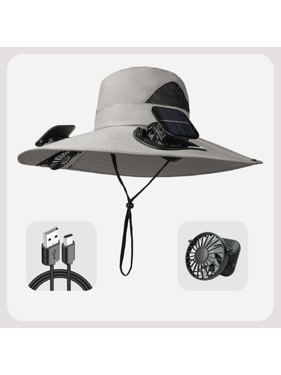 Solar Charger Hats,Fan Hat,Summer Fisherman Hat Solar USB Charging,Solar Fan Hat, Wide Brim Solar Fan Outdoor Fishing Hat Sun Hat for Men with 2 Solar Fan Fishing Hats(Gray)