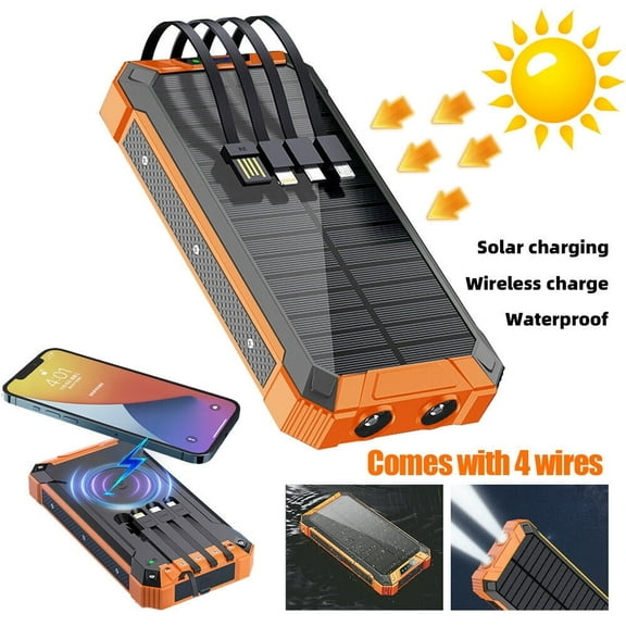 Solar Charger Power Bank 15000mAh, Portable Wireless Charger, 20W, with USB C Interface for Mobile Phones, Solar Panel Charger with Dual Flashlights for Camping