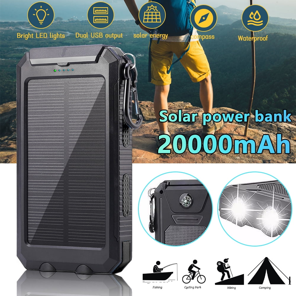 20000mAh Solar Charger for Cell Phone iPhone, Portable Solar Power Bank  with Dual 5V USB Ports, 2 LED Light Flashlight, Compass Battery Pack for  Outdoor Camping Hiking(Orange) 