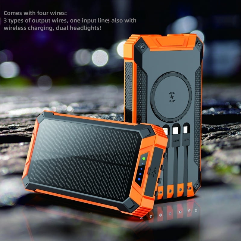 Power Bank Solaire 27000mAh Avec 4 Panneaux - Chargeur Portable LED Pour Téléphone Et Tablette (Orange)