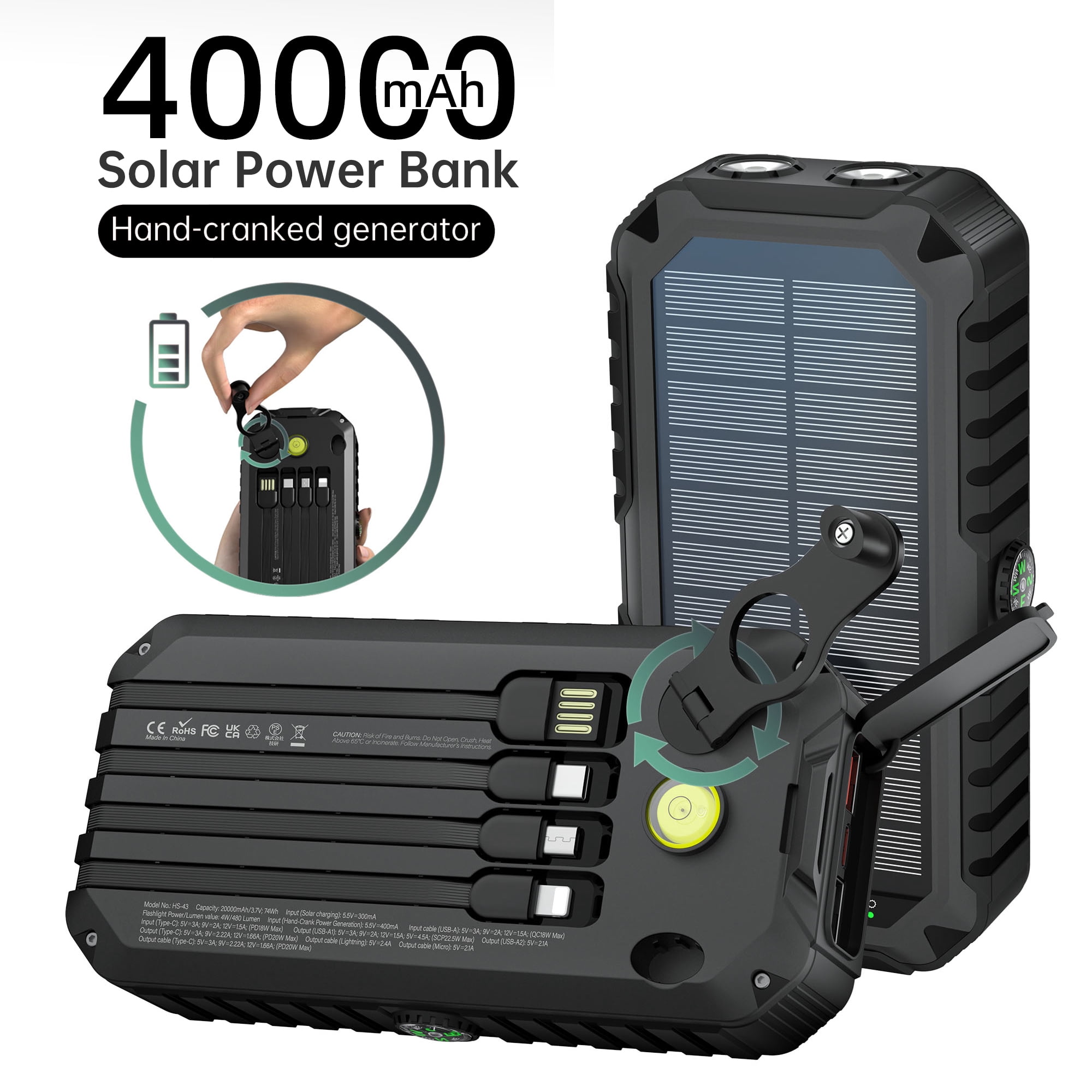 Solar Charger Power Bank 40000mAh Built in 4 Cables and Hand Crank ...