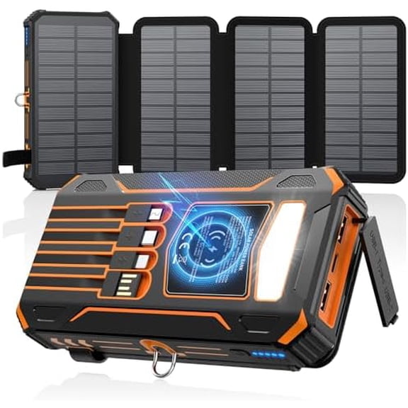 Solar Charger Power Bank - 48000mAh Wireless Portable Charger Built-in 4 Cables and 4 Solar Panels, PD QC 3.0 Fast Charging USB C Battery Pack with Flashlight for Camping Travel