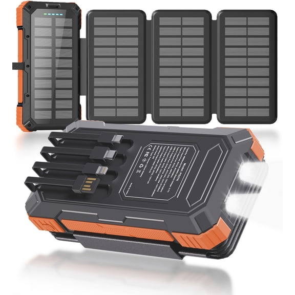 Solar Charger Power Bank 49800mAh with 4 Built-in Cables & Foldable Panels, 22.5W Fast Portable Phone Charger, External Battery Pack USB-C in/Output Flashlight for Outdoor Camping