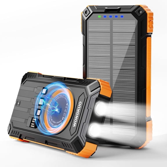 Solar Charger Power Bank - 49800mAh Phone with USB-C in/Output, QC 3.0 Fast Charging LED Flashlight, Portable Built-in 4 Cables, IP65 Waterproof Fits for Outdoor