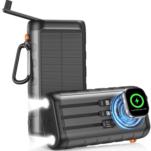 SOLPOWBEN 59800mAh Solar Power Bank, Portable 3-in-1 Wireless Charger, 20W Fast Charging External Battery Pack with Hand Crank, 6 Outputs, Dual Flashlight for Hiking Camping Essentials
