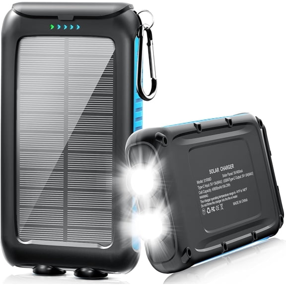Solar-Charger-Power-Bank-49800mAh Portable Solar Phone Charger with LED Flashlight/15W Fast Charge USB C Waterproof External Backup Battery Pack for All Cell Phones & Electronic Devices