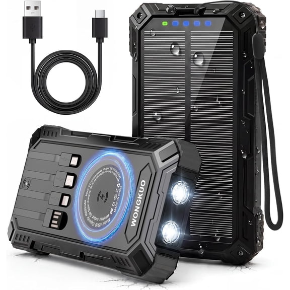 Solar Charger Power Bank - 49800mAh QC3.0 Fast Charging Portable | 5V/3.1A Wireless Battery Built-in 4 Cables with USB C & Flashlight, 6 Devices for iPhone/Android (Black)