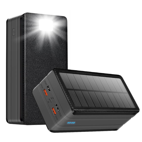 Solar Charger Power Bank 80000mAh Portable Charger With USB-C In/Output 22.5W QC3.0 Fast Charging 5 Out Ports Battery Pack Built-In 32 Led Flashlights For Smartphone Tablet Camping Black