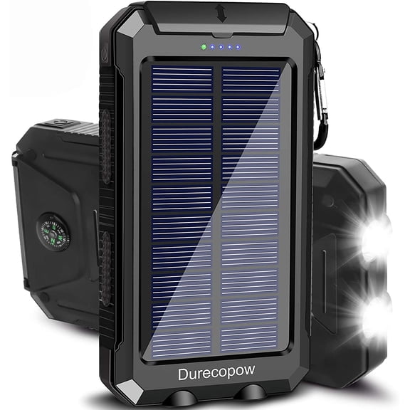 Solar Charger Power Bank, 8000mAh Portable Outdoor Waterproof Battery Charger, Camping External Backup Pack USB C Ports Input/Output, 2 Led Light Flashlight with Compass (Black)