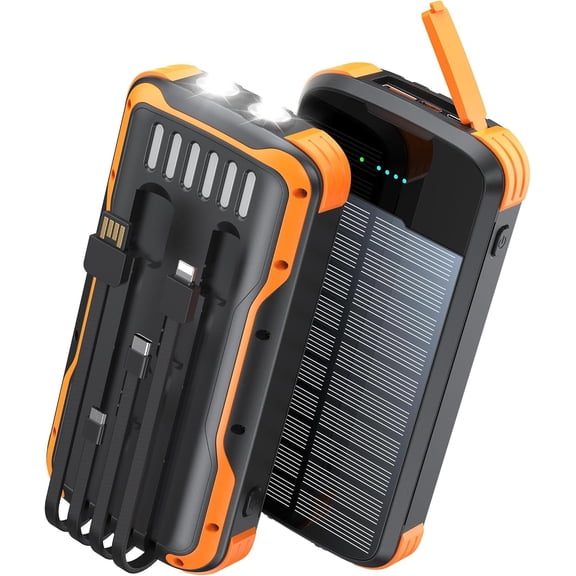 Solar Charger Power Bank, PD 20W Fast Charging External Batter, 40000mAh Portable Phone Charger Built in 4 Cables with Dual Bright Flashlights for Camping, Hiking, and Outdoor Use