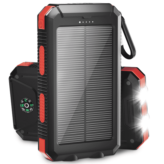Solpowben 20000mAh Solar Power Bank Compatible for Cell Phone iPhone, Outdoor Portable Charger with Dual 5V USB Ports, 2 Flashlights & Digital Compass(Red)