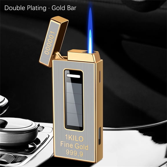 Solar Charging Lighter, Inflatable Windproof Metal Arc Lighter with Blue Flame & LED Battery Display, Rechargeable for Outdoor & Gift, 2.99x1.26x0.47in