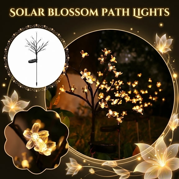 Solar Cherry Blossom Path Outdoor Lights - Decorative Flower Stake Lights Outdoor Waterproof LED Landscape Lighting for Garden Lawn Walkway Decor