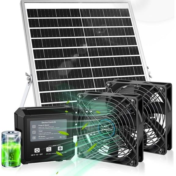 Solar- Chicken Coop Exhaust Fan with & Sensing - 25W Solar Panel, 2 * 4.7" Fans, 3 Modes, IP65 | Ideal for Chicken Coop, House, Greenhouse, Outside