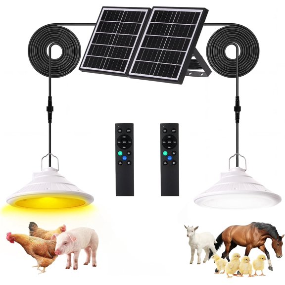 Solar Chicken Coop Light with Timer | Three-Color Dimmable LED, IP66 Ceiling Pendant Light Suitable for Poultry Farms,Coops,Patio,Camping,Garage etc(2pcs)
